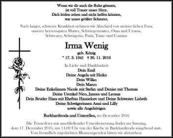 Traueranzeige von Irma Wenig von Thüringer Allgemeine, Thüringische Landeszeitung