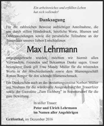 Traueranzeige von Max Lehrmann von Ostthüringer Zeitung