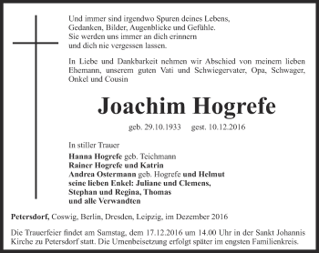 Traueranzeige von Joachim Hogrefe von Thüringer Allgemeine