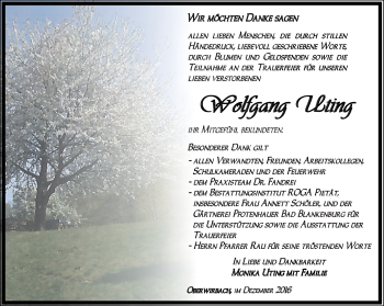 Traueranzeige von Wolfgang Uting von Ostthüringer Zeitung