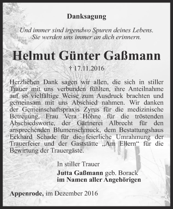 Traueranzeige von Helmut Günter Gaßmann von Thüringer Allgemeine