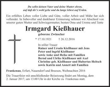 Traueranzeige von Irmgard Kießhauer von Ostthüringer Zeitung