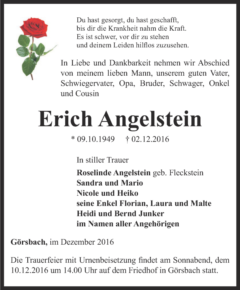  Traueranzeige für Erich Angelstein vom 06.12.2016 aus Thüringer Allgemeine