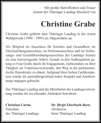 Traueranzeige von Christine Grabe von Thüringer Allgemeine, Thüringische Landeszeitung