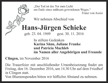 Traueranzeige von Hans-Jürgen Schieke von Thüringer Allgemeine