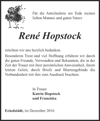 Traueranzeige von René Hopstock von Ostthüringer Zeitung, Thüringische Landeszeitung