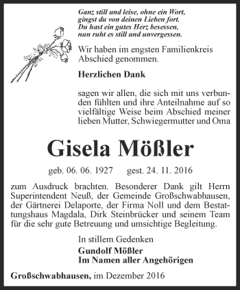 Traueranzeige von Gisela Mößler von Thüringer Allgemeine, Thüringische Landeszeitung