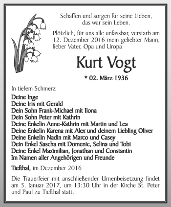 Traueranzeige von Kurt Vogt von Thüringer Allgemeine, Thüringische Landeszeitung