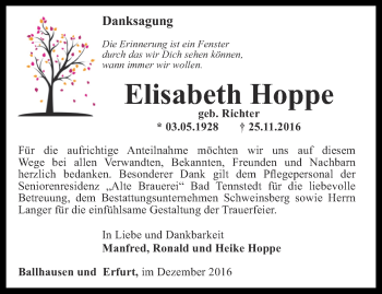 Traueranzeige von Elisabeth Hoppe von Thüringer Allgemeine, Thüringische Landeszeitung