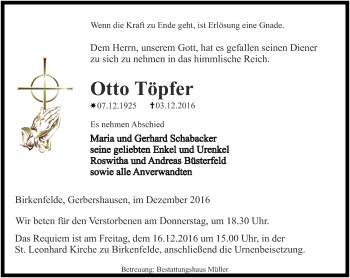 Traueranzeige von Otto Töpfer von Thüringer Allgemeine