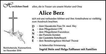 Traueranzeige von Alice Berz von Thüringer Allgemeine, Thüringische Landeszeitung