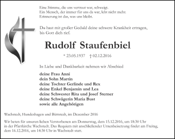 Traueranzeige von Rudolf Staufenbiel von Thüringer Allgemeine