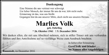 Traueranzeige von Marlies Volk von Thüringer Allgemeine, Thüringische Landeszeitung