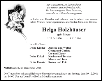 Traueranzeige von Helga Holzhäuser von Thüringer Allgemeine, Thüringische Landeszeitung