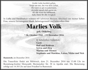 Traueranzeige von Marlies Volk von Thüringer Allgemeine, Thüringische Landeszeitung