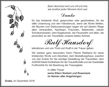 Traueranzeige von Ralf Hausdorf von Thüringer Allgemeine, Thüringische Landeszeitung