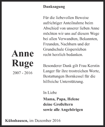 Traueranzeige von Anne Ruge von Thüringer Allgemeine, Thüringische Landeszeitung