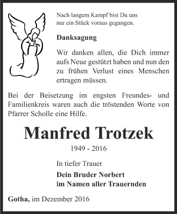 Traueranzeige von Manfred Trotzek von Ostthüringer Zeitung, Thüringische Landeszeitung