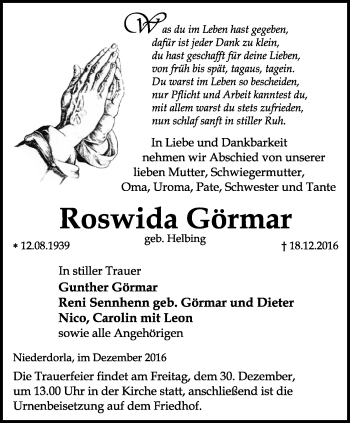 Traueranzeige von Roswida Görmar von Thüringer Allgemeine, Thüringische Landeszeitung