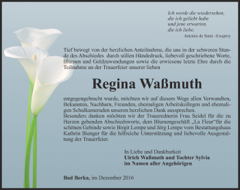 Traueranzeige von Regina Waßmuth von Thüringer Allgemeine, Thüringische Landeszeitung