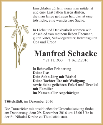 Traueranzeige von Manfred Schacke von Thüringer Allgemeine, Thüringische Landeszeitung