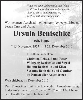 Traueranzeige von Ursula Benischke von Thüringer Allgemeine, Thüringische Landeszeitung