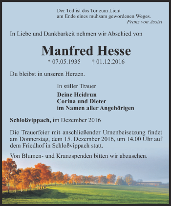 Traueranzeige von Manfred Hesse von Thüringer Allgemeine