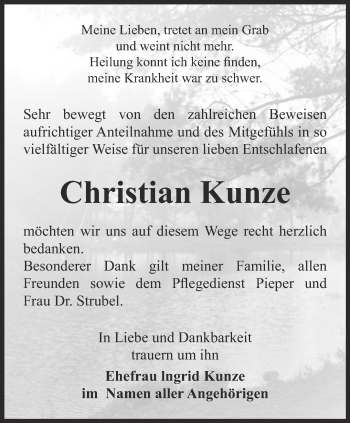 Traueranzeige von Christian Kunze von Ostthüringer Zeitung