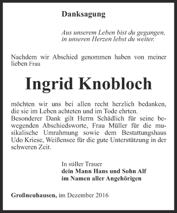 Traueranzeige von Ingrid Knobloch von Thüringer Allgemeine