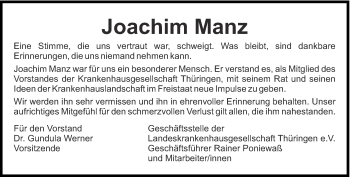 Traueranzeige von Joachim Manz von Thüringer Allgemeine, Thüringische Landeszeitung