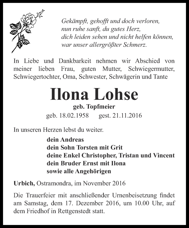  Traueranzeige für Ilona Lohse vom 02.12.2016 aus Thüringer Allgemeine, Thüringische Landeszeitung