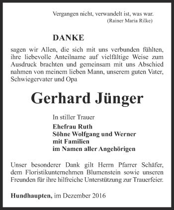 Traueranzeige von Gerhard Jünger von Ostthüringer Zeitung