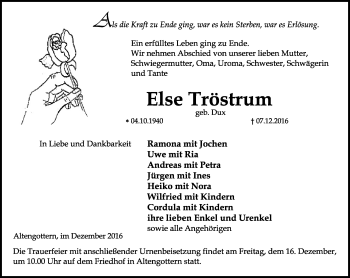 Traueranzeige von Else Tröstrum von Thüringer Allgemeine, Thüringische Landeszeitung