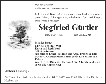 Traueranzeige von Siegfried Gürtler von Thüringer Allgemeine, Thüringische Landeszeitung