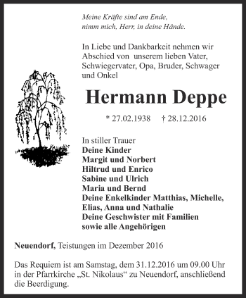 Traueranzeige von Hermann Deppe von Thüringer Allgemeine