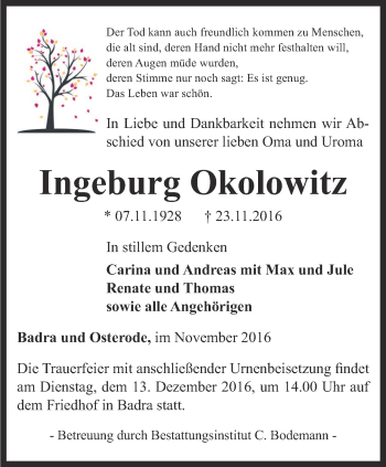 Traueranzeige von Ingeburg Okolowitz von Thüringer Allgemeine