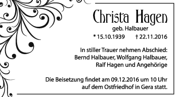 Traueranzeige von Christa Hagen von Ostthüringer Zeitung