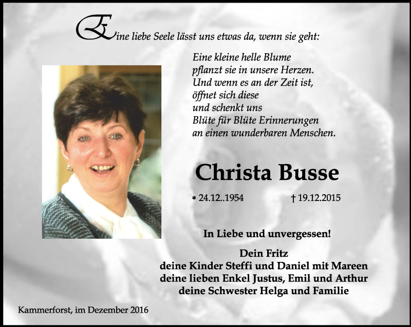  Traueranzeige für Christa Busse vom 19.12.2016 aus Thüringer Allgemeine, Thüringische Landeszeitung