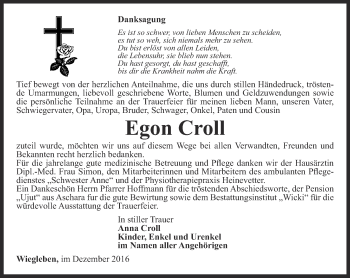 Traueranzeige von Egon Croll von Thüringer Allgemeine, Thüringische Landeszeitung