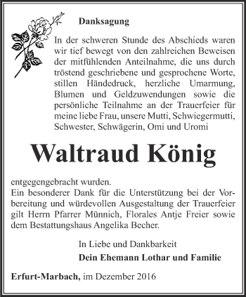 Traueranzeige von Waltraud König von Thüringer Allgemeine, Thüringische Landeszeitung