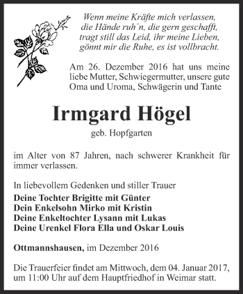 Traueranzeige von Irmgard Högel von Thüringer Allgemeine, Thüringische Landeszeitung