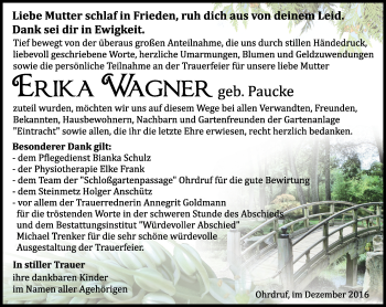 Traueranzeige von Erika Wagner von Ostthüringer Zeitung, Thüringische Landeszeitung