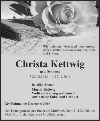 Traueranzeige von Christa Kettwig von Thüringer Allgemeine, Thüringische Landeszeitung