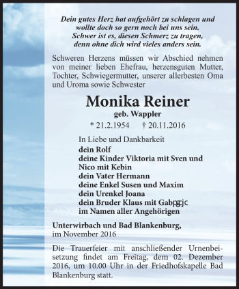 Traueranzeige von Monika Reiner von Ostthüringer Zeitung