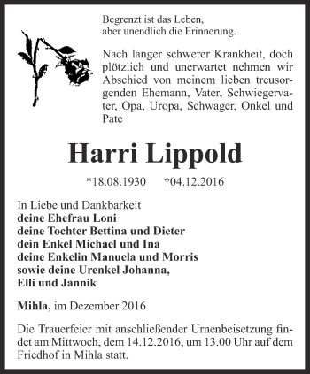 Traueranzeige von Harri Lippold von Thüringer Allgemeine, Thüringische Landeszeitung