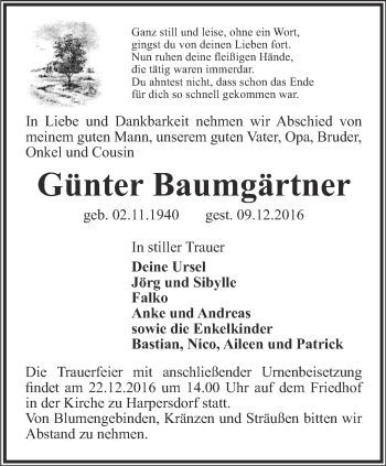 Traueranzeige von Günter Baumgärtner von Ostthüringer Zeitung