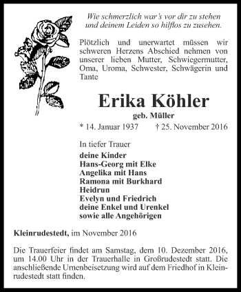 Traueranzeige von Erika Köhler von Thüringer Allgemeine