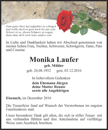 Traueranzeige von Monika Laufer von Thüringer Allgemeine, Thüringische Landeszeitung