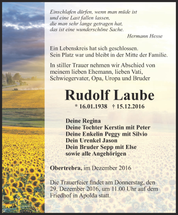 Traueranzeige von Rudolf Laube von Thüringer Allgemeine, Thüringische Landeszeitung