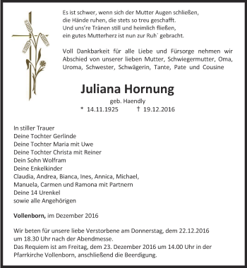Traueranzeige von Juliana Hornung von Thüringer Allgemeine